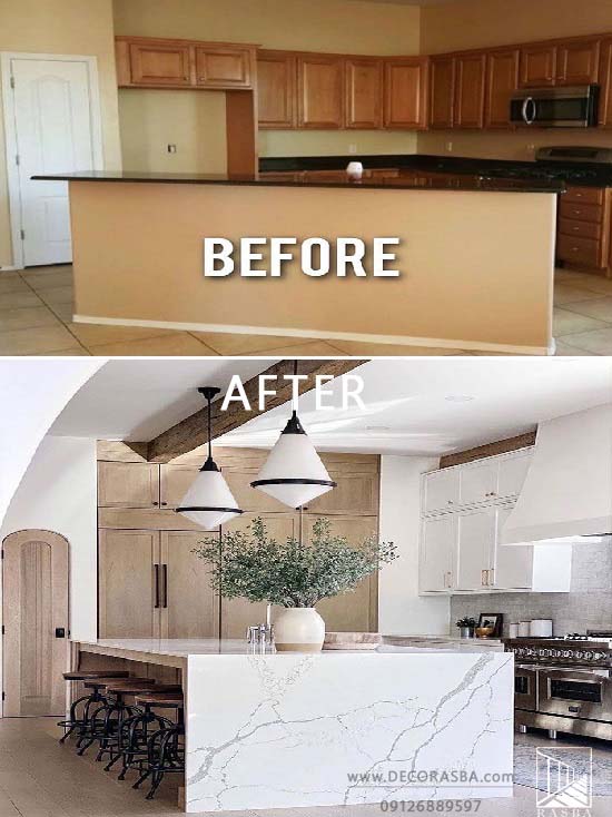 عکس قبل و بعد بازسازی مسکونی (آشپزخانه) در خدمات بازسازی ساختمان