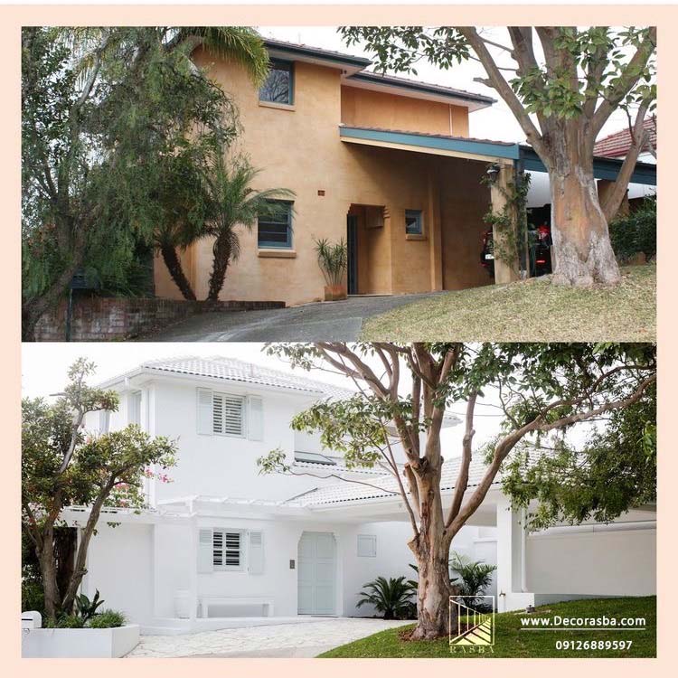عکس قبل و بعد بازسازی خانه ویلایی قدیمی با نمای سفید رنگ