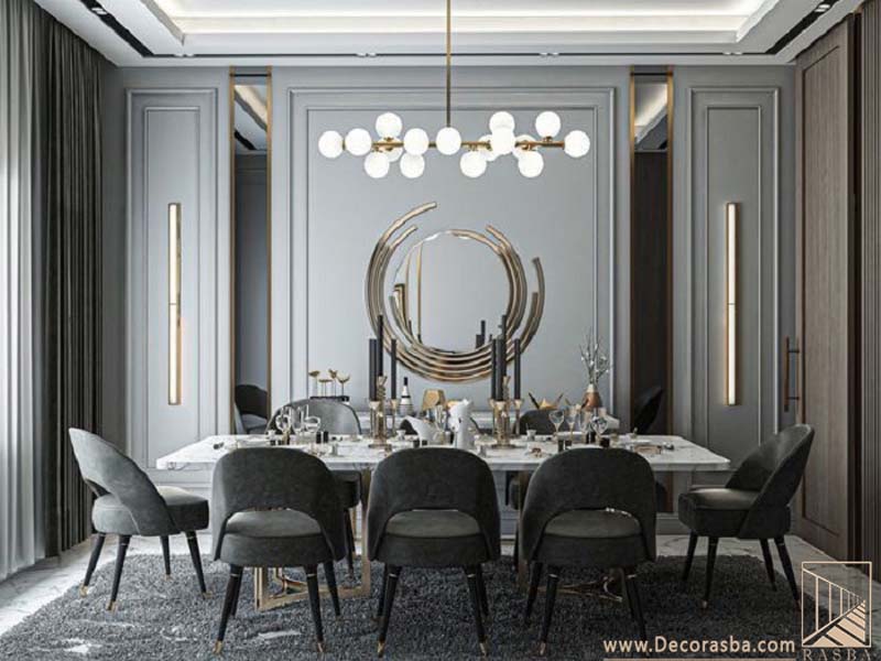 تصویری از نورپردازی مناسب دکوراسیون داخلی سالن غذاخوری شیک و لوکس با میز و صندلی مناسب فضا