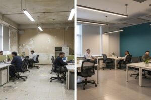 ایده بازسازی ساختمان اداری و دفترکار + (مراحل، مجوز و هزینه) 74 بازسازی دیوار دفتر اداری
