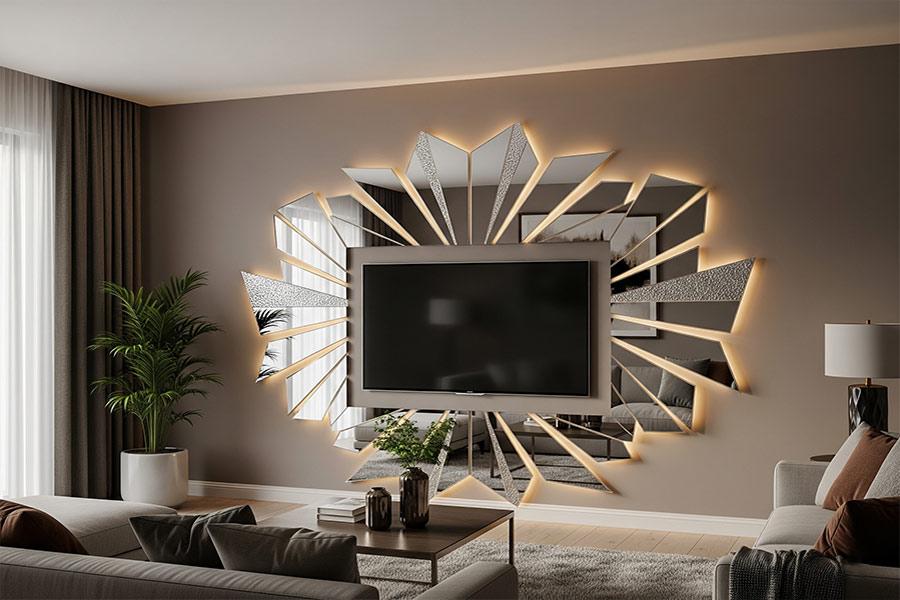 +25 طرح آینه دکوراتیو در دکوراسیون داخلی + (مکان های ایده آل نصب) 148 دکور پشت تلویزیون با آینه