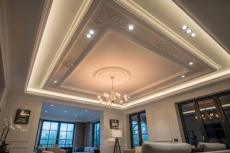 +12 مدل جدیدترین گچبری سقف پذیرایی شیک + (نکات اجرا) 72 گچ بری سقف پذیرایی نور مخفی