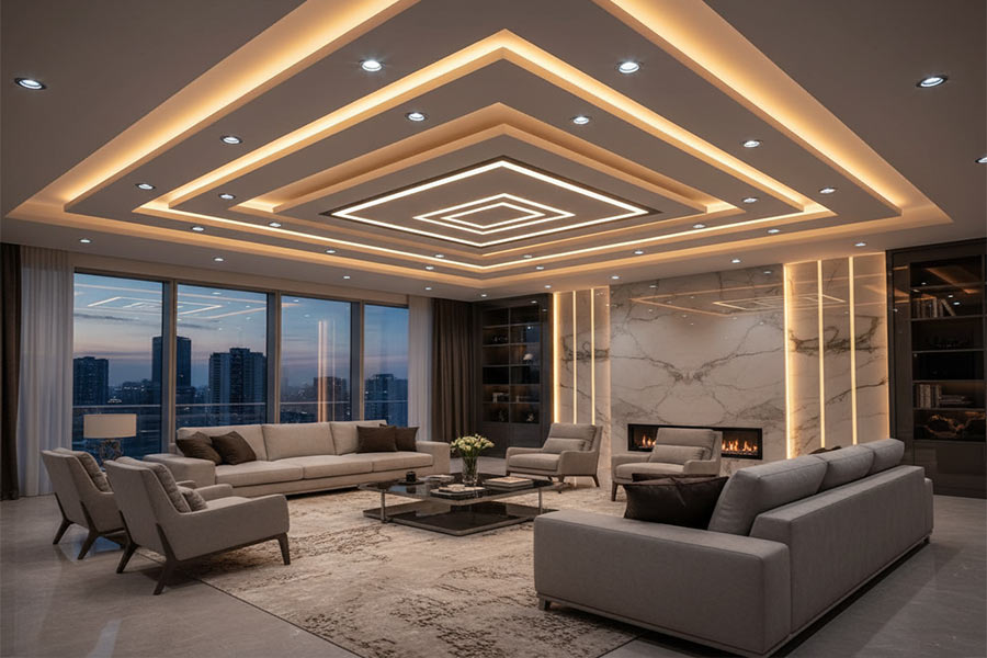 +12 مدل کناف سقف پذیرایی جدید + (نکات طراحی ساده و شیک) 78 نورپردازی کناف سقف پذیرایی