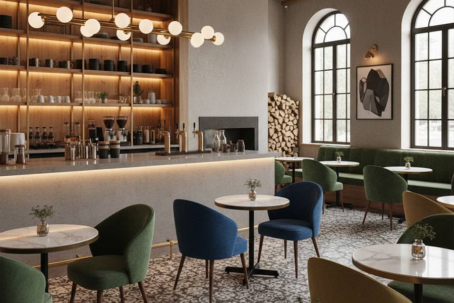 دکوراسیون کافه (+15 ایده ترند دیزاین دکور کافه قهوه) 74 نورپردازی دکوراسیون داخلی کافه