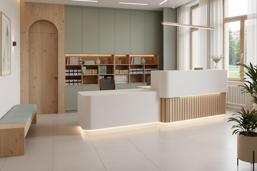 دکوراسیون مطب پزشک قلب + (مشاوره، طراحی، اجرا) 81 طراحی فضای پذیرش و کانتر منشی دکوراسیون داخلی مطب پزشک قلب