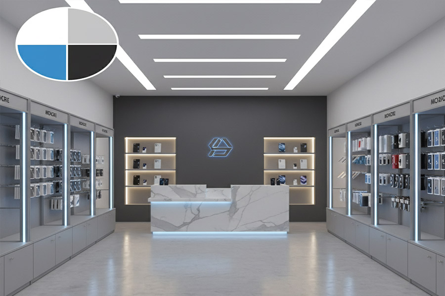 دکوراسیون موبایل فروشی و لوازم جانبی و تعمیرات + (مشاوره، طراحی و اجرا) 94 انتخاب رنگ دکور موبایل فروشی