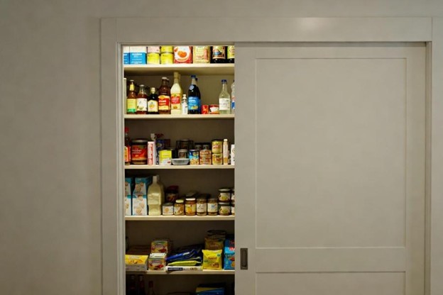 پنتری چیست | +20 مدل جذاب و راهنمای طراحی پنتری آشپزخانه 57 پنتری مخفی پشت درب ریلی