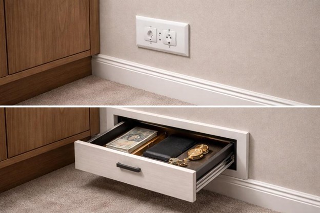 کشو مخفی کمد دیواری و کابینت؛ بررسی +12 ایده خلاقانه و امن 58 کشو مخفی با نمای پریز برق یا دریچه تهویه